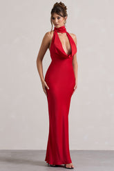 Red Satin Cowl-Neck Maxi Dress